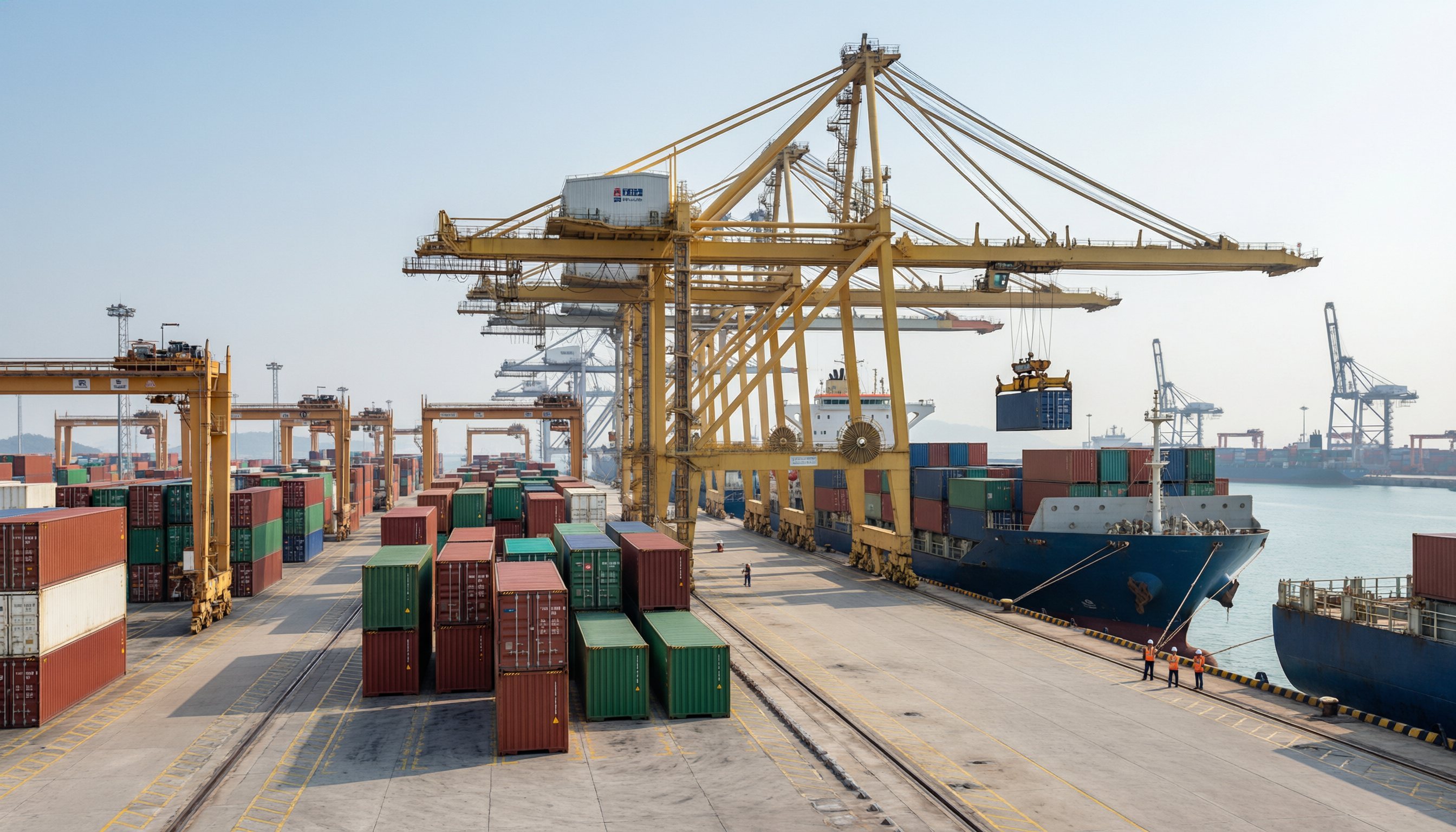 A shipping container being loaded at a Chinese port