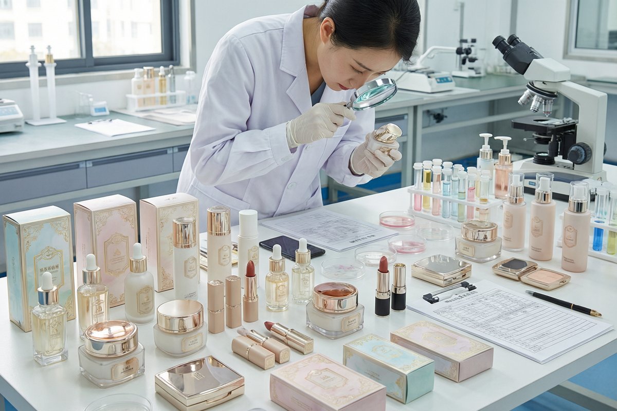 Finished cosmetic units being checked and lab-tested before export clearance at a Chinese facility