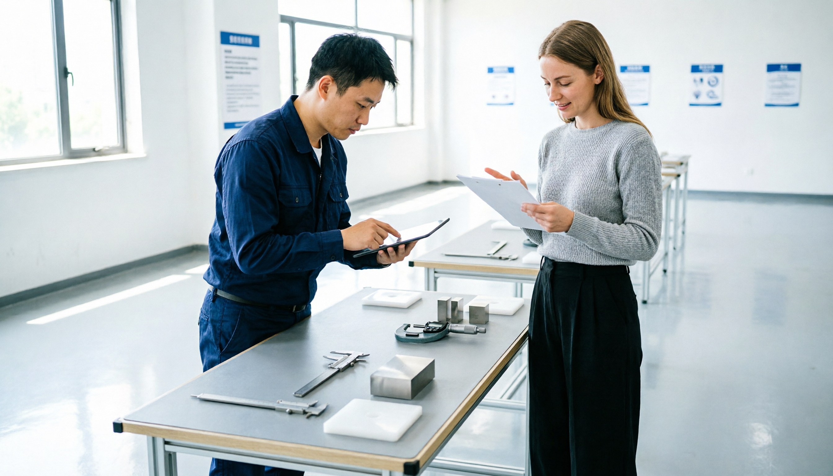 An inspector examining products at a factory with a checklist