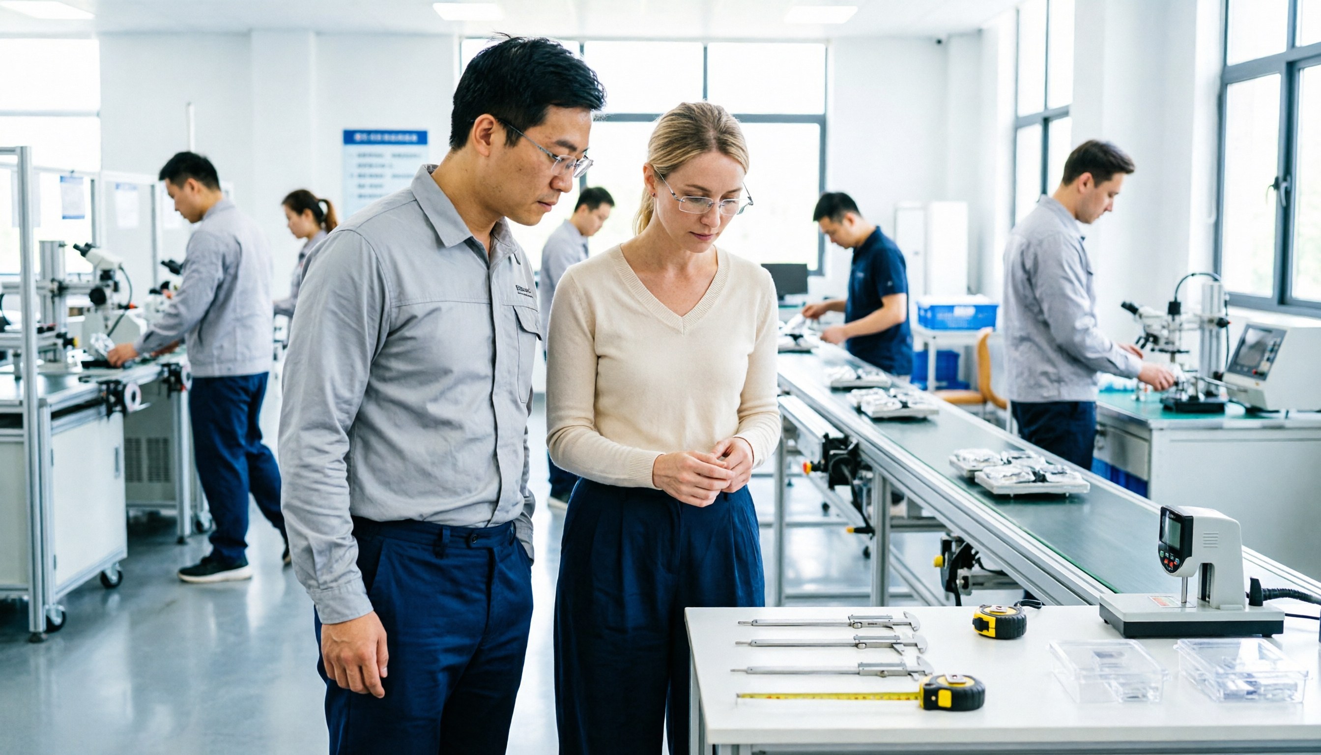 An inspector observing products on a running production line