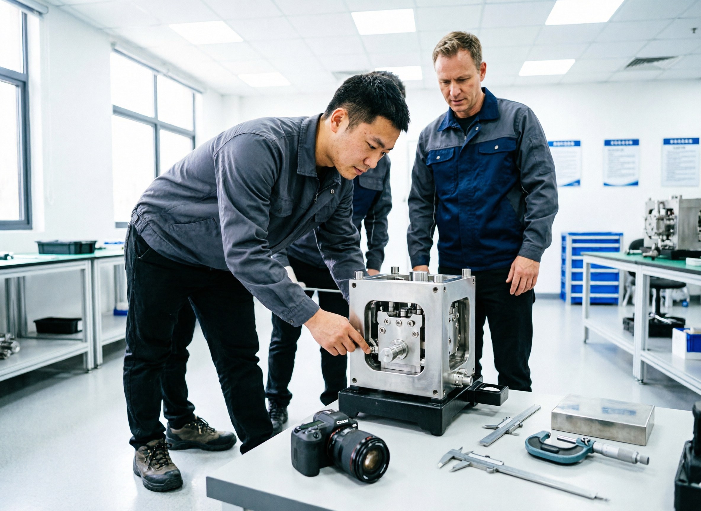 A technician adjusting an injection mould in a workshop