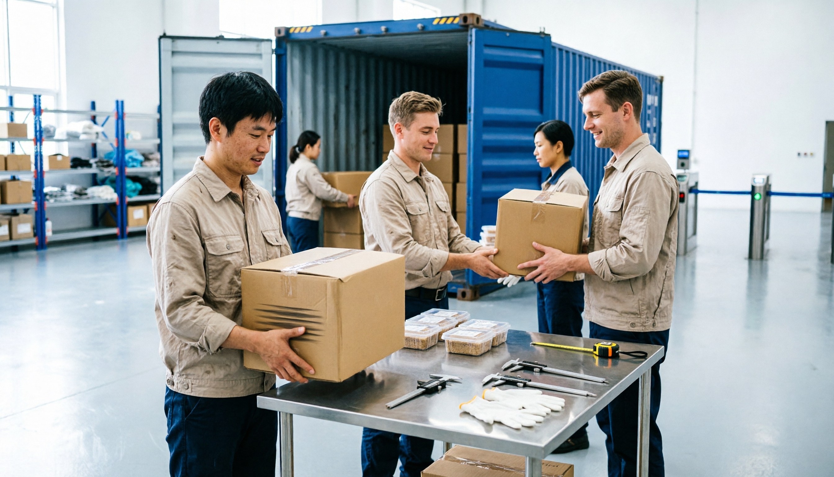 Workers loading cartons into a shipping container at a warehouse