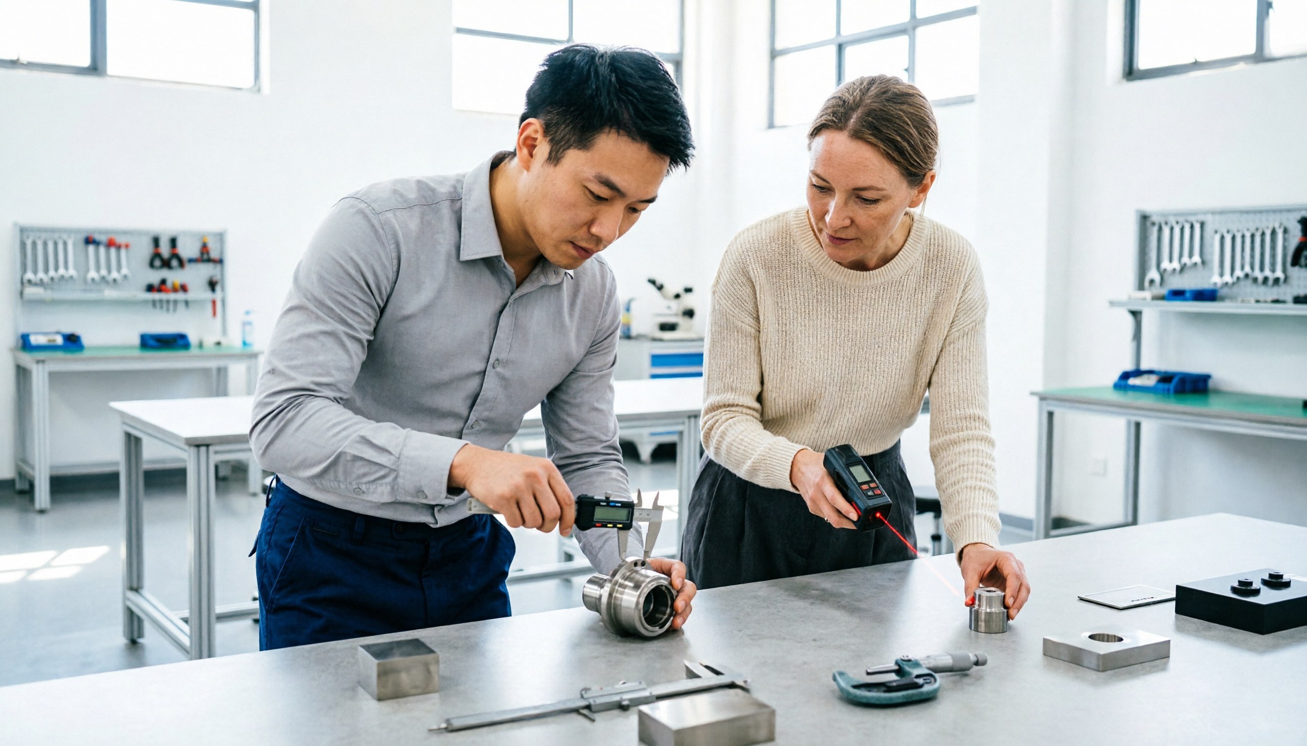 An inspector using measuring tools on a product at a workbench