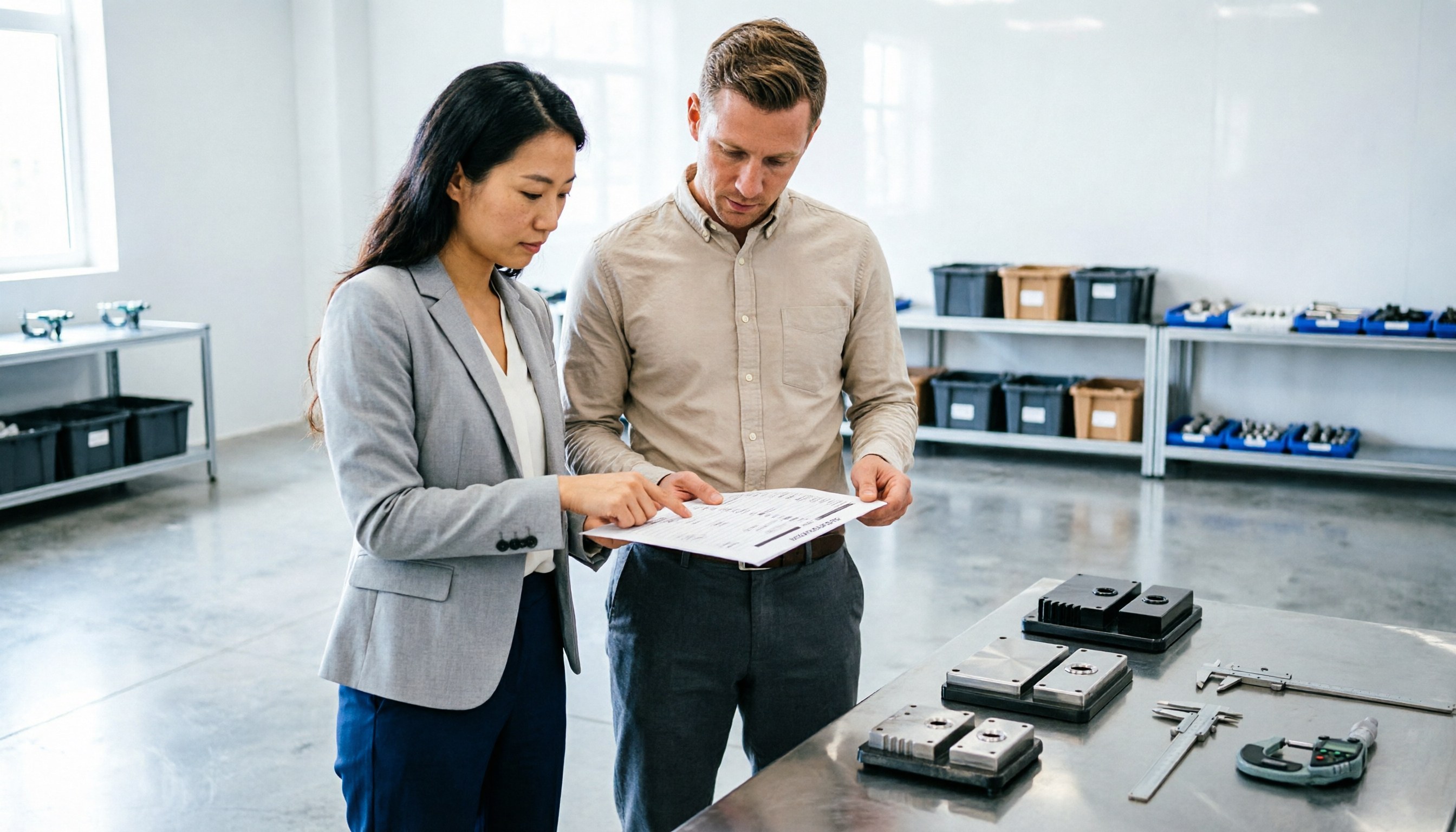 An inspector working through a printed checklist beside product samples