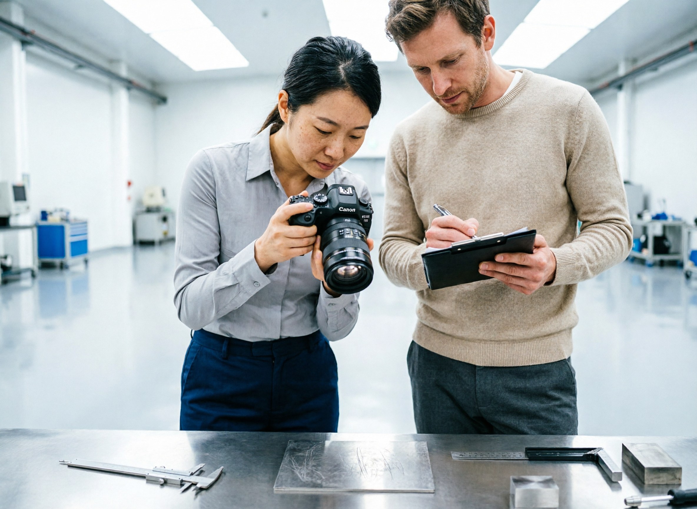 An inspector photographing a defect and recording findings