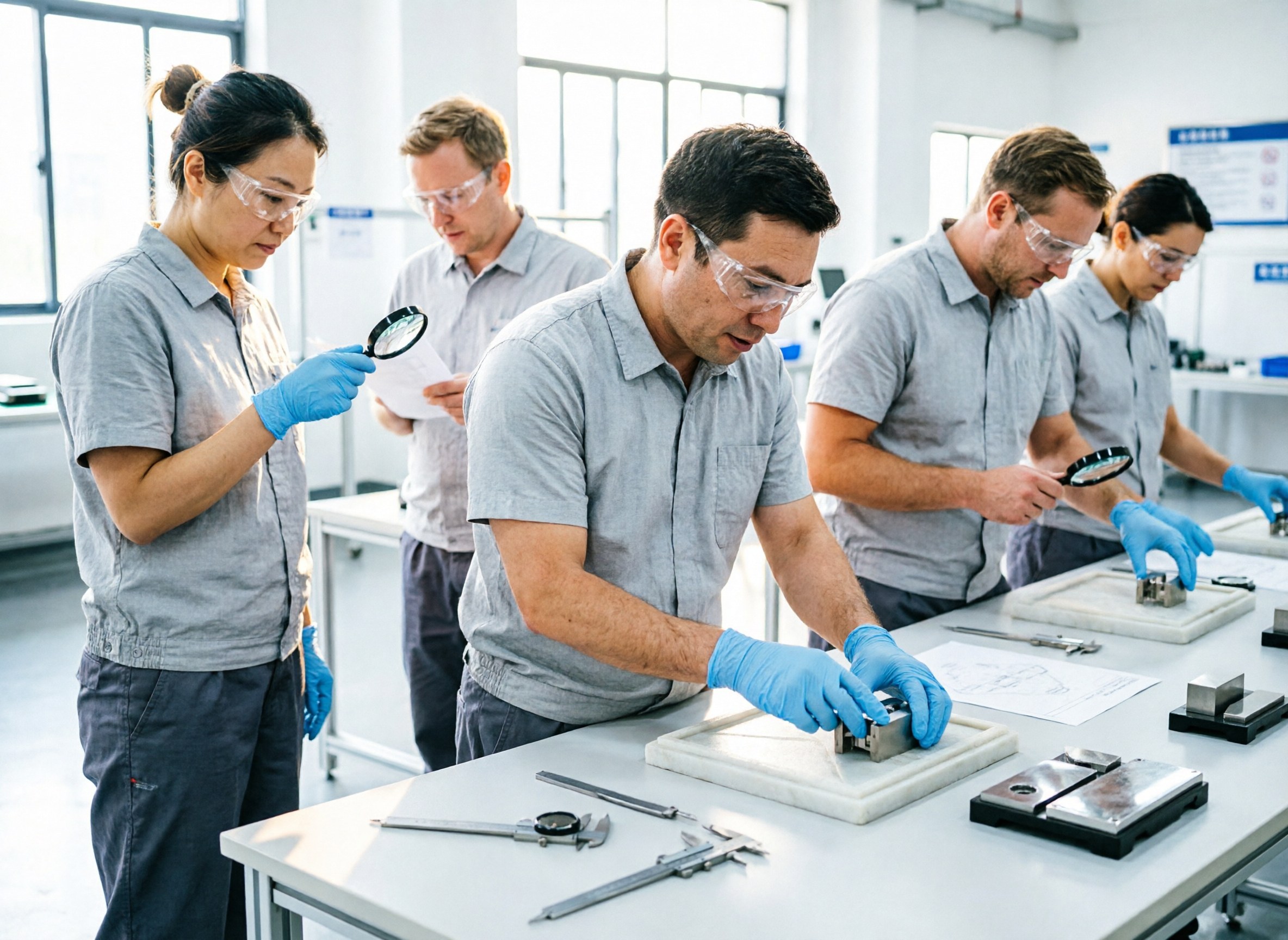 Workers reworking products on a factory line