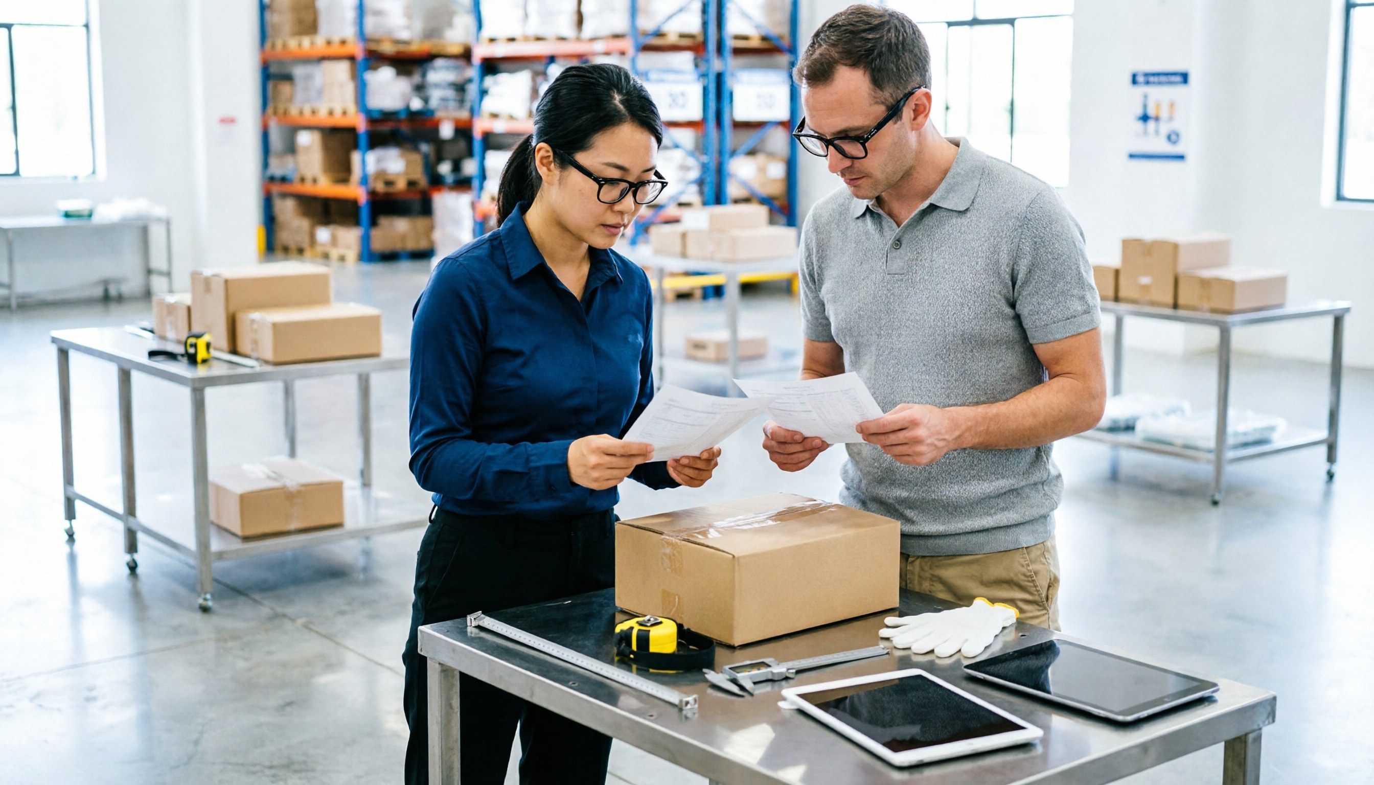 Agent staff checking goods against a list in a warehouse
