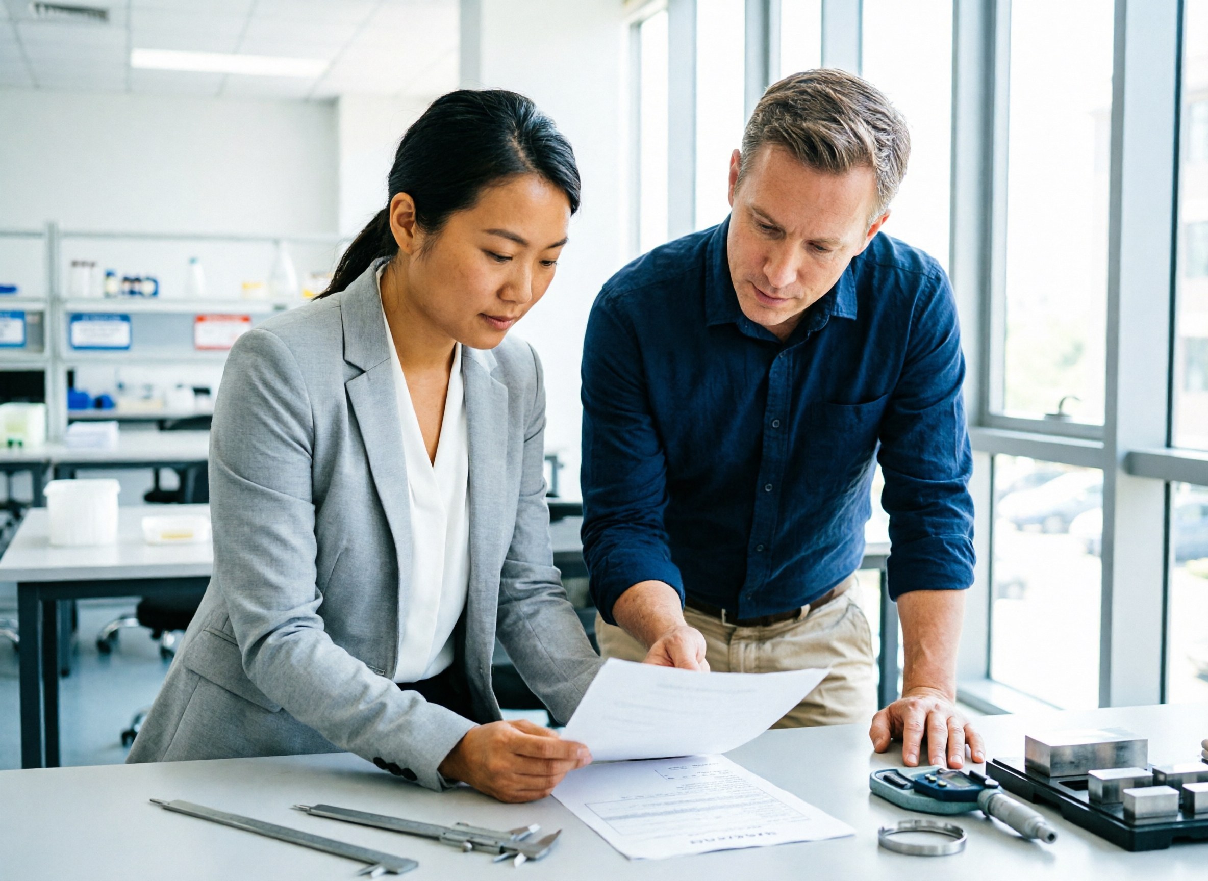 Two people reviewing an inspection report at a desk