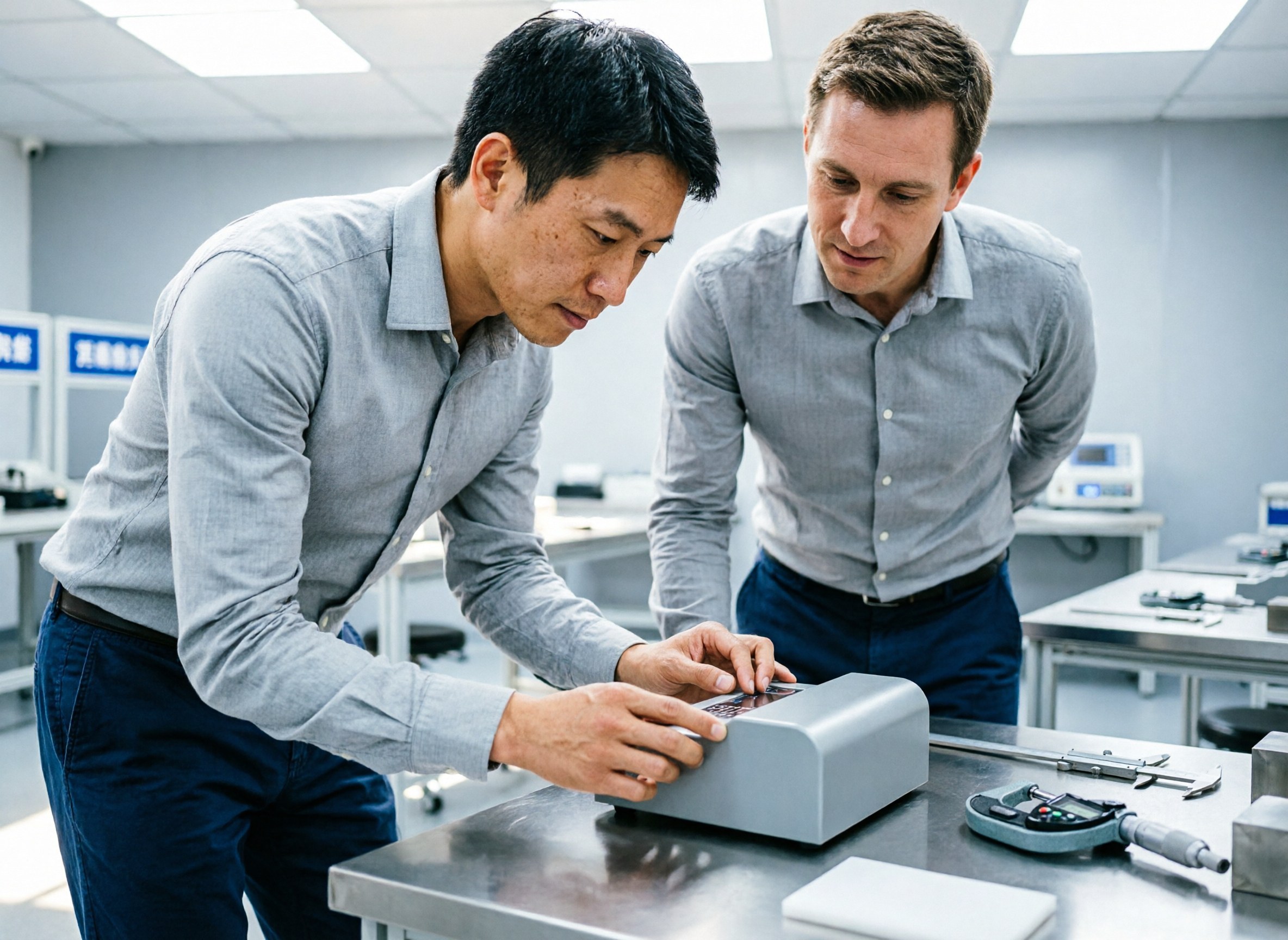 An inspector comparing a production unit against a reference sample