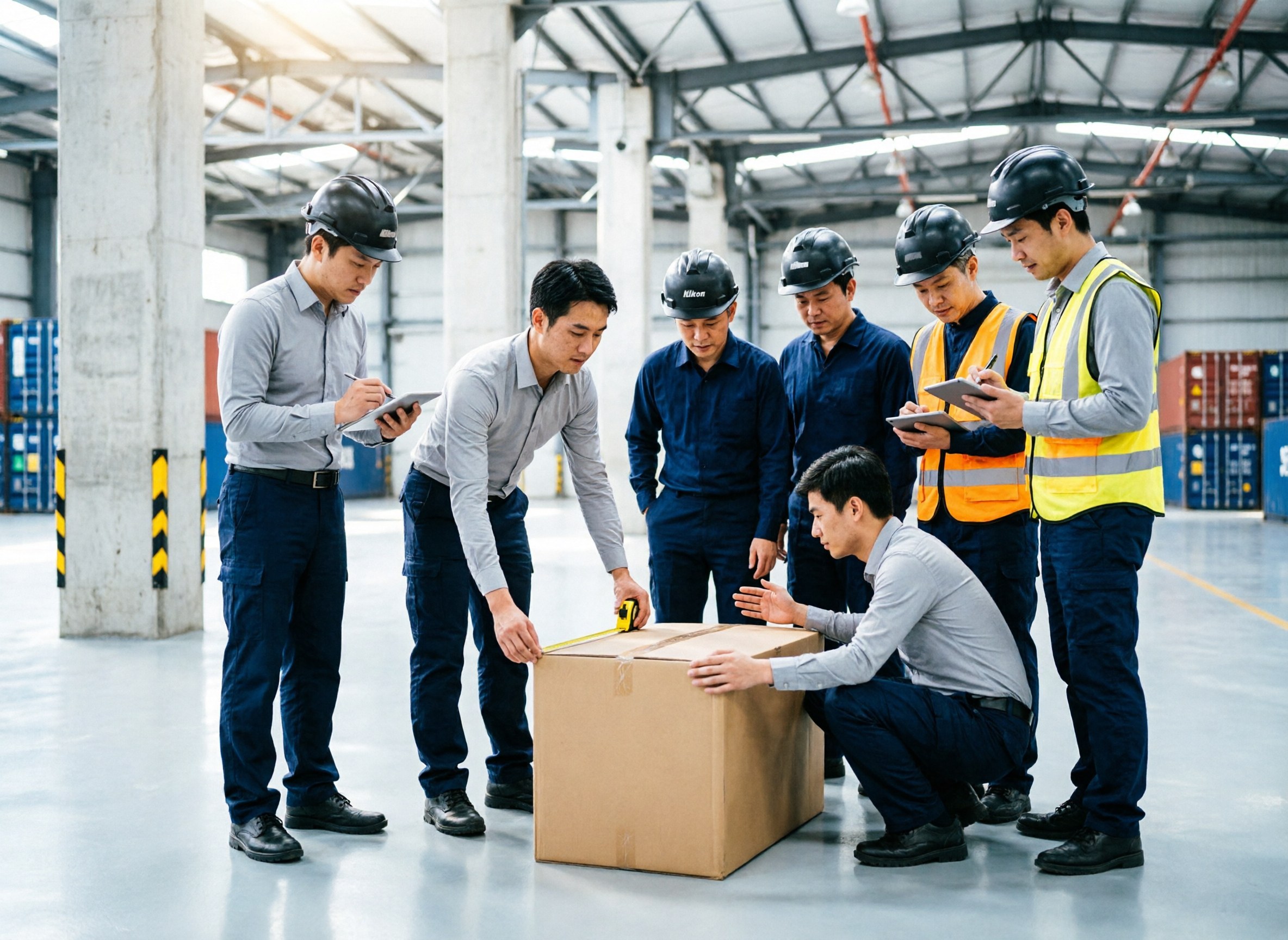 Warehouse staff measuring carton volume before container stuffing