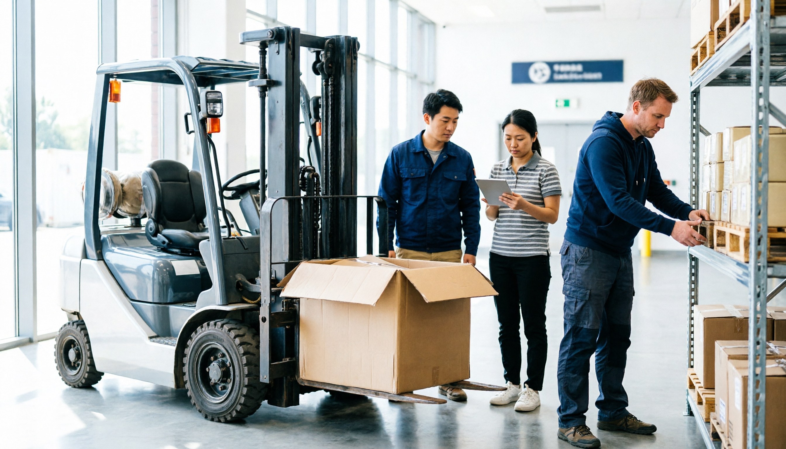 A forklift handling a single loose carton at a freight station