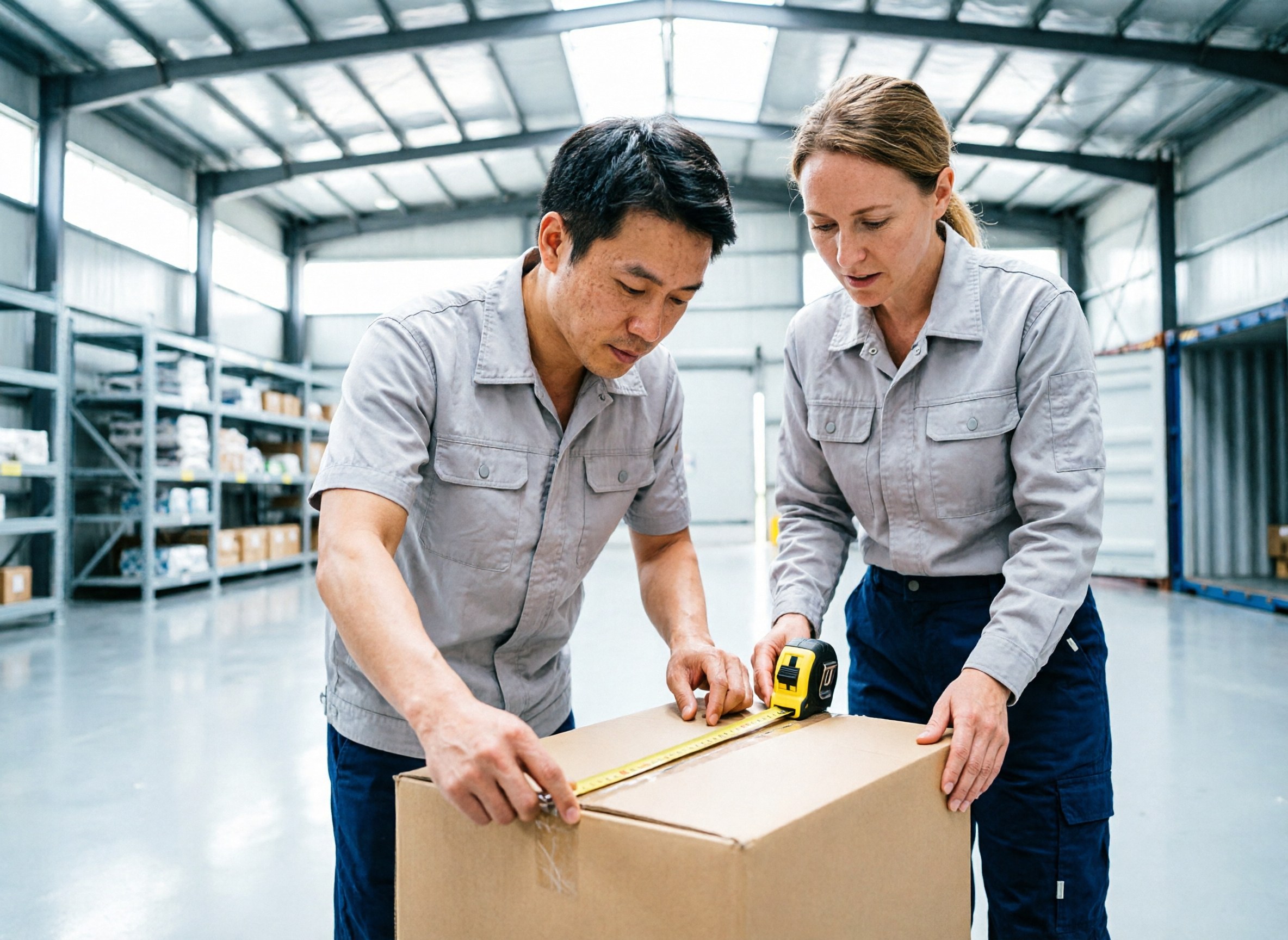 A worker measuring carton dimensions with a tape at a depot