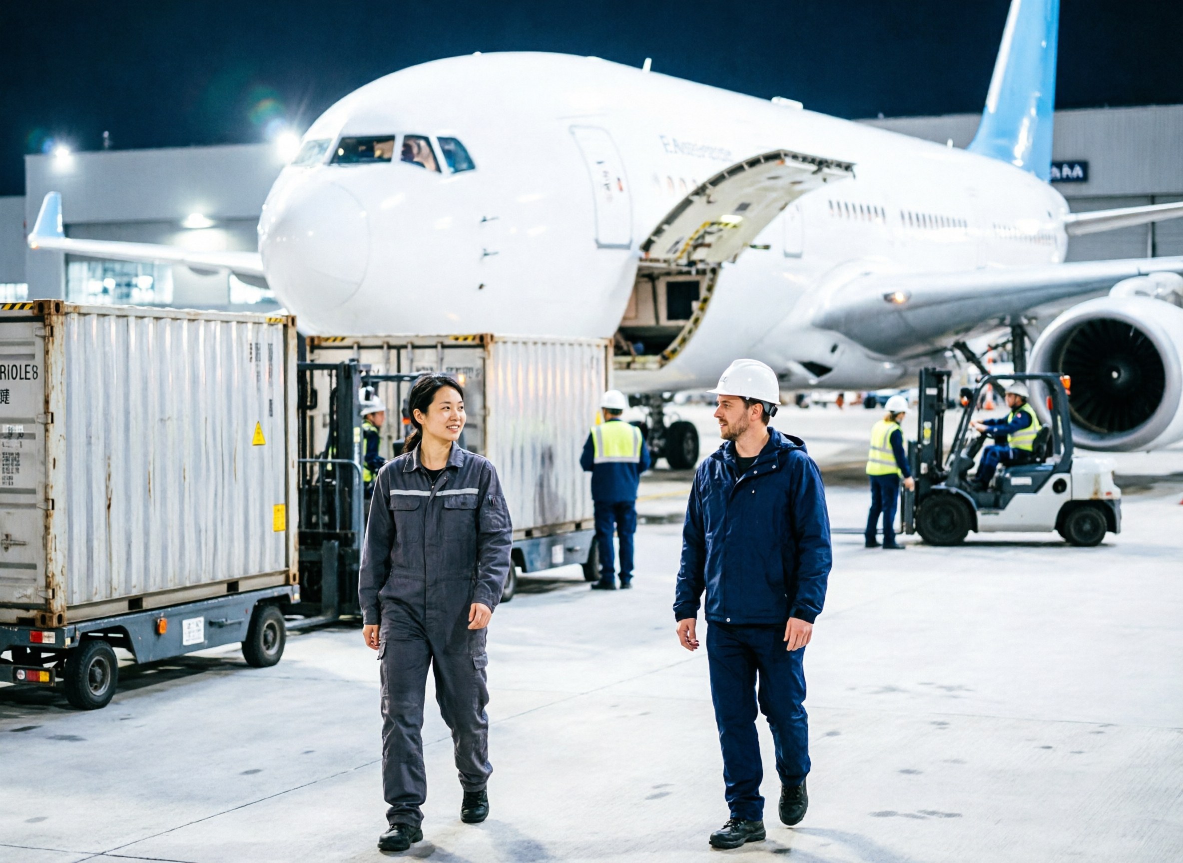 A cargo aircraft being loaded with freight at a night airport