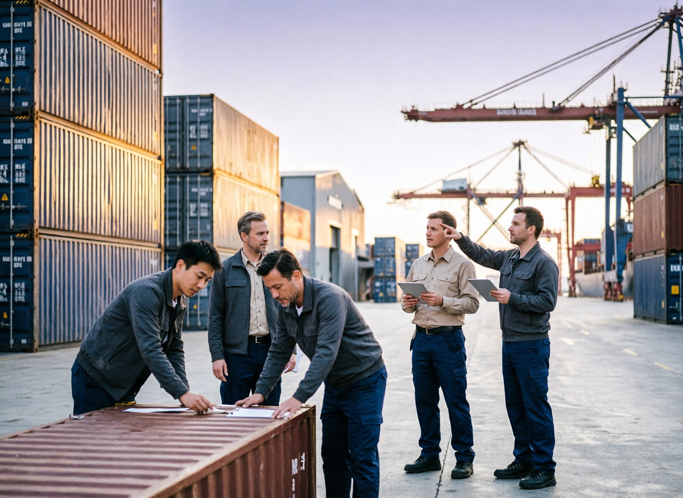 A container terminal with stacked boxes under dusk light