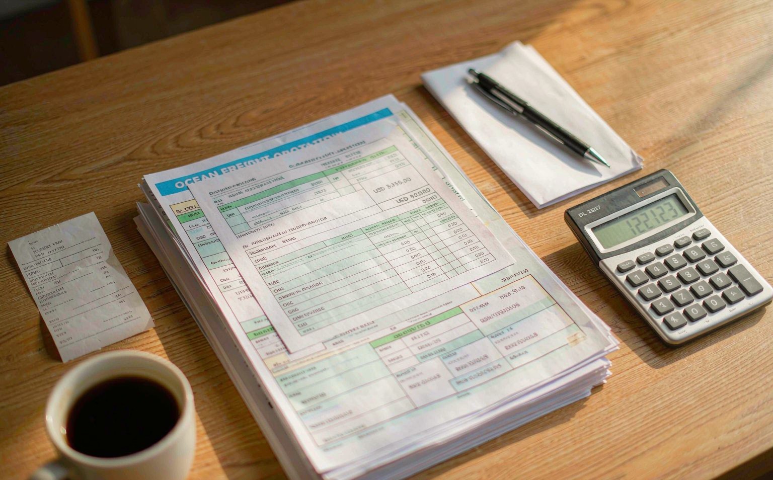 A fuel gauge icon beside freight documents on a desk