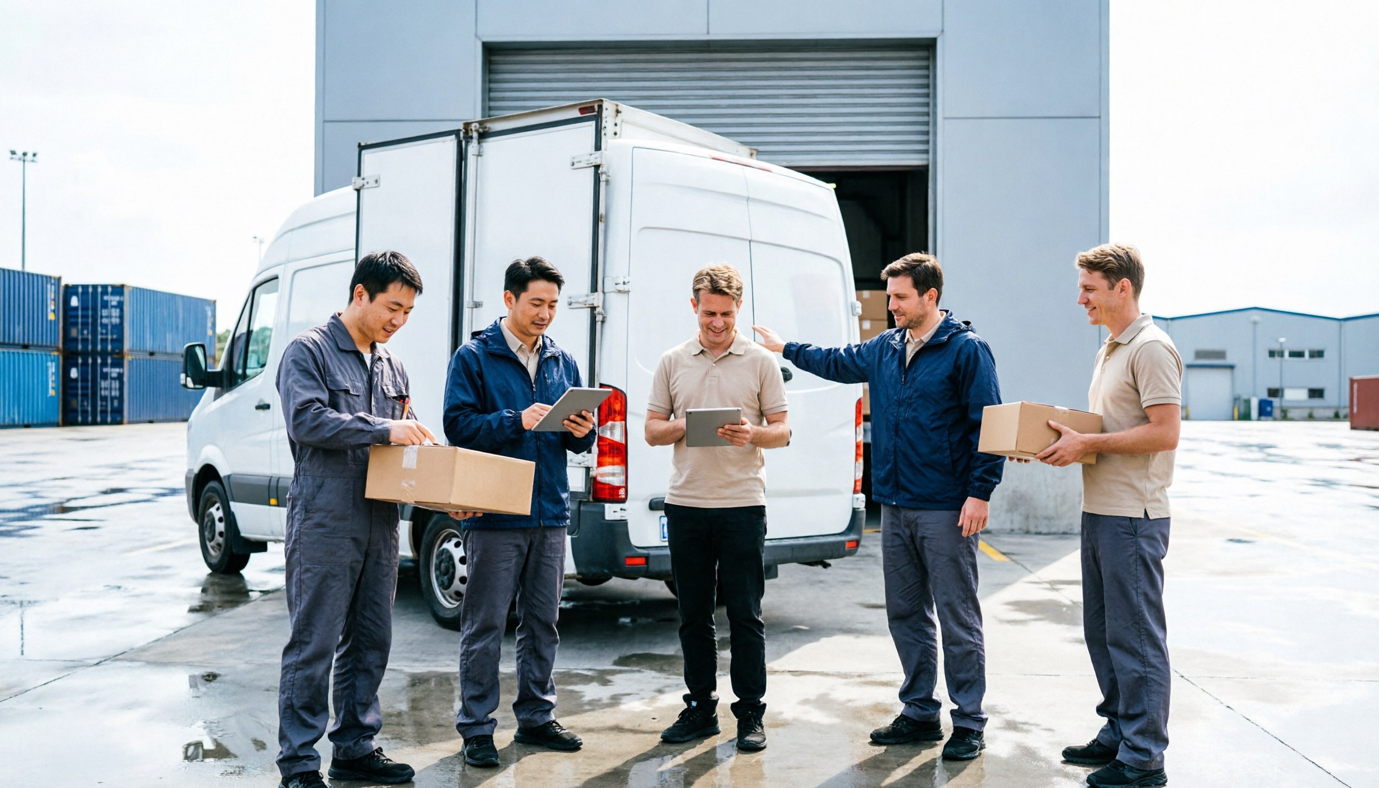 A delivery truck backed up to a warehouse roller door