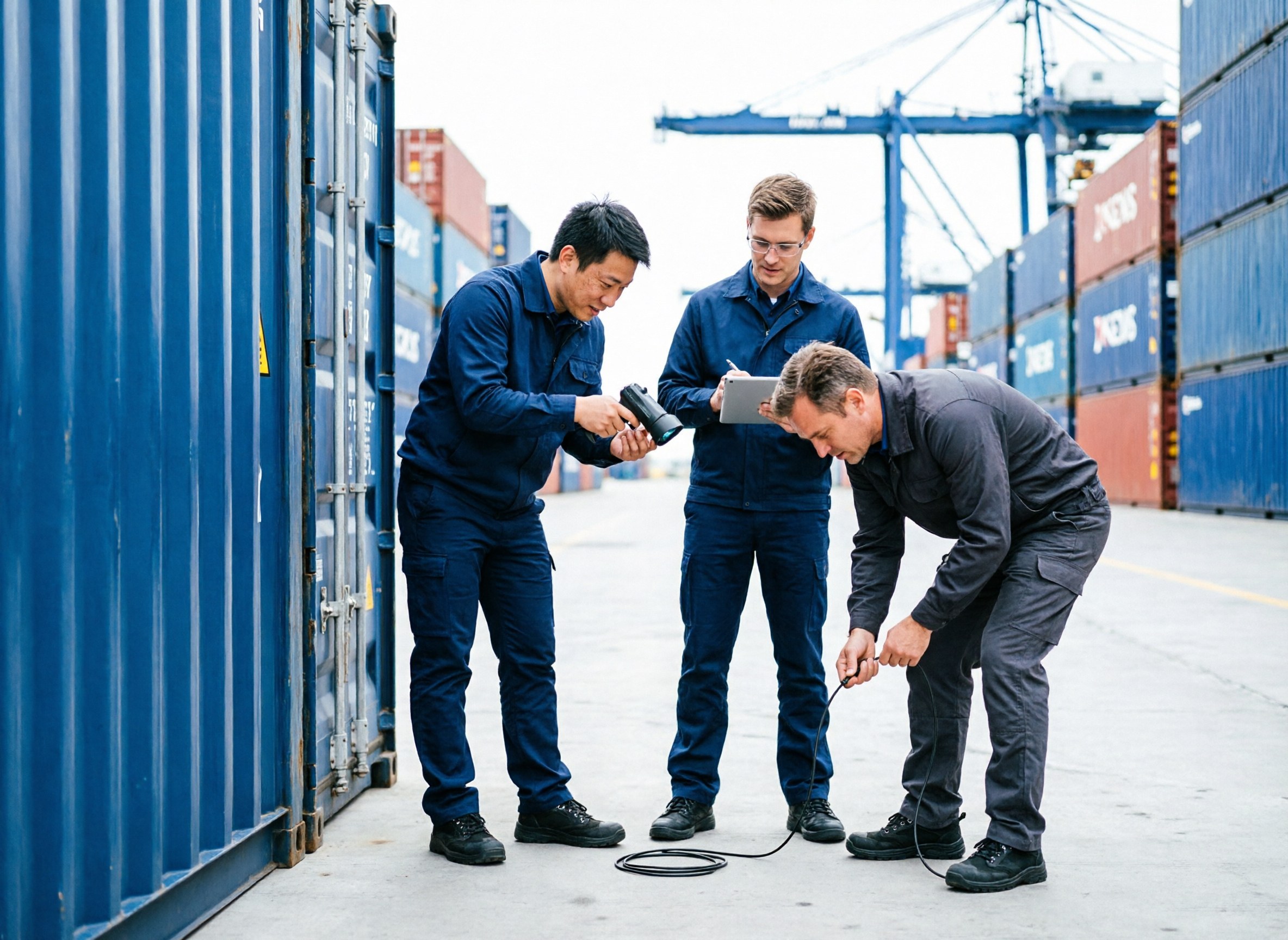 A customs officer scanning a sealed shipping container at a port