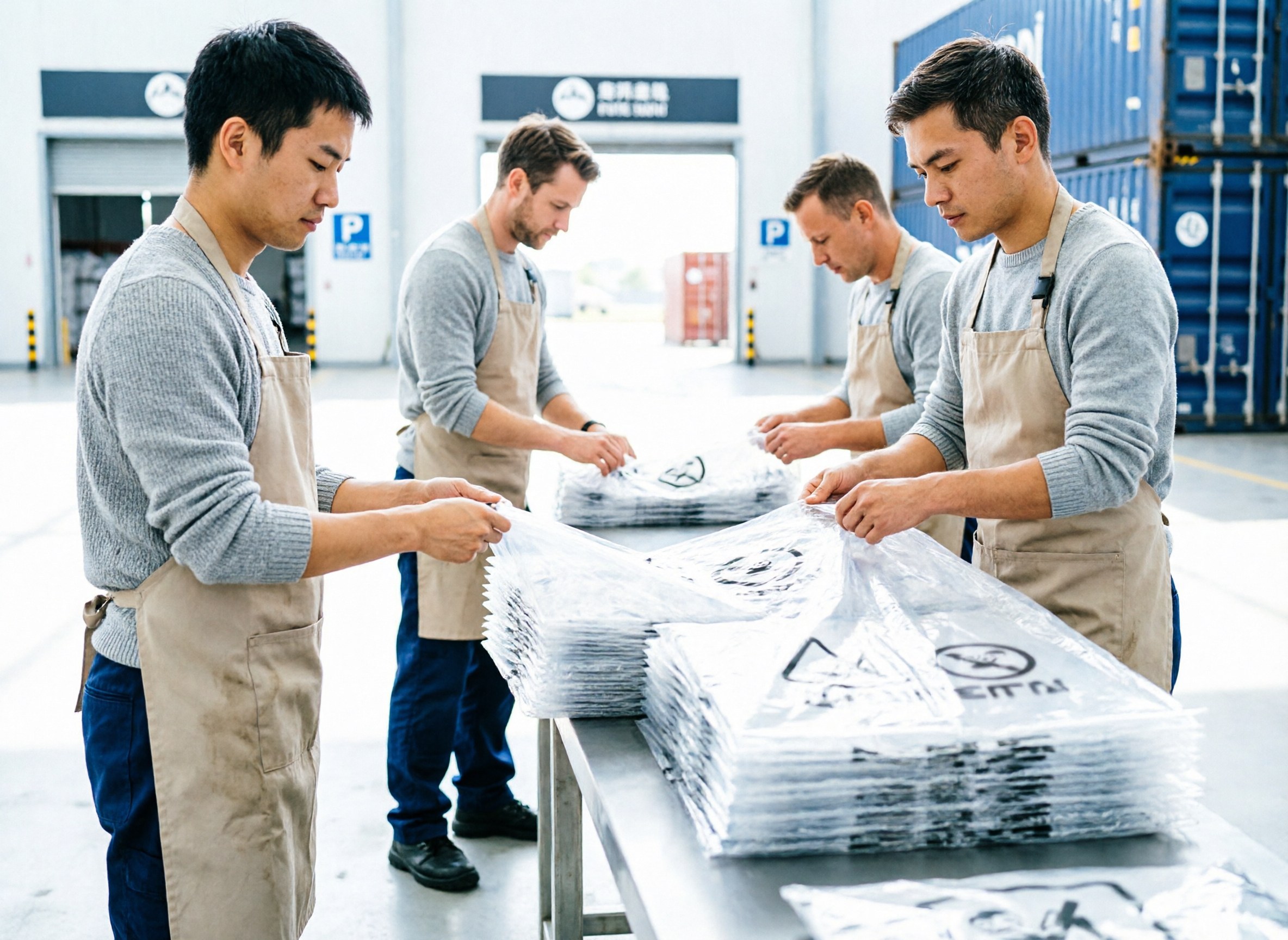 Poly bags with printed suffocation warnings stacked at a packing station