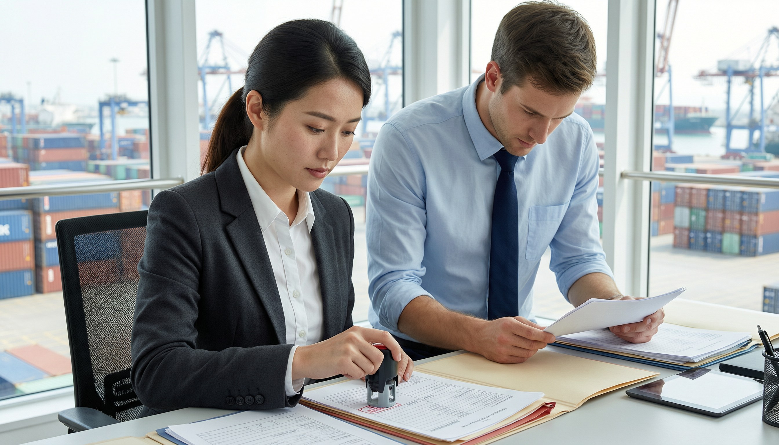 A customs broker stamping an import entry form at a desk