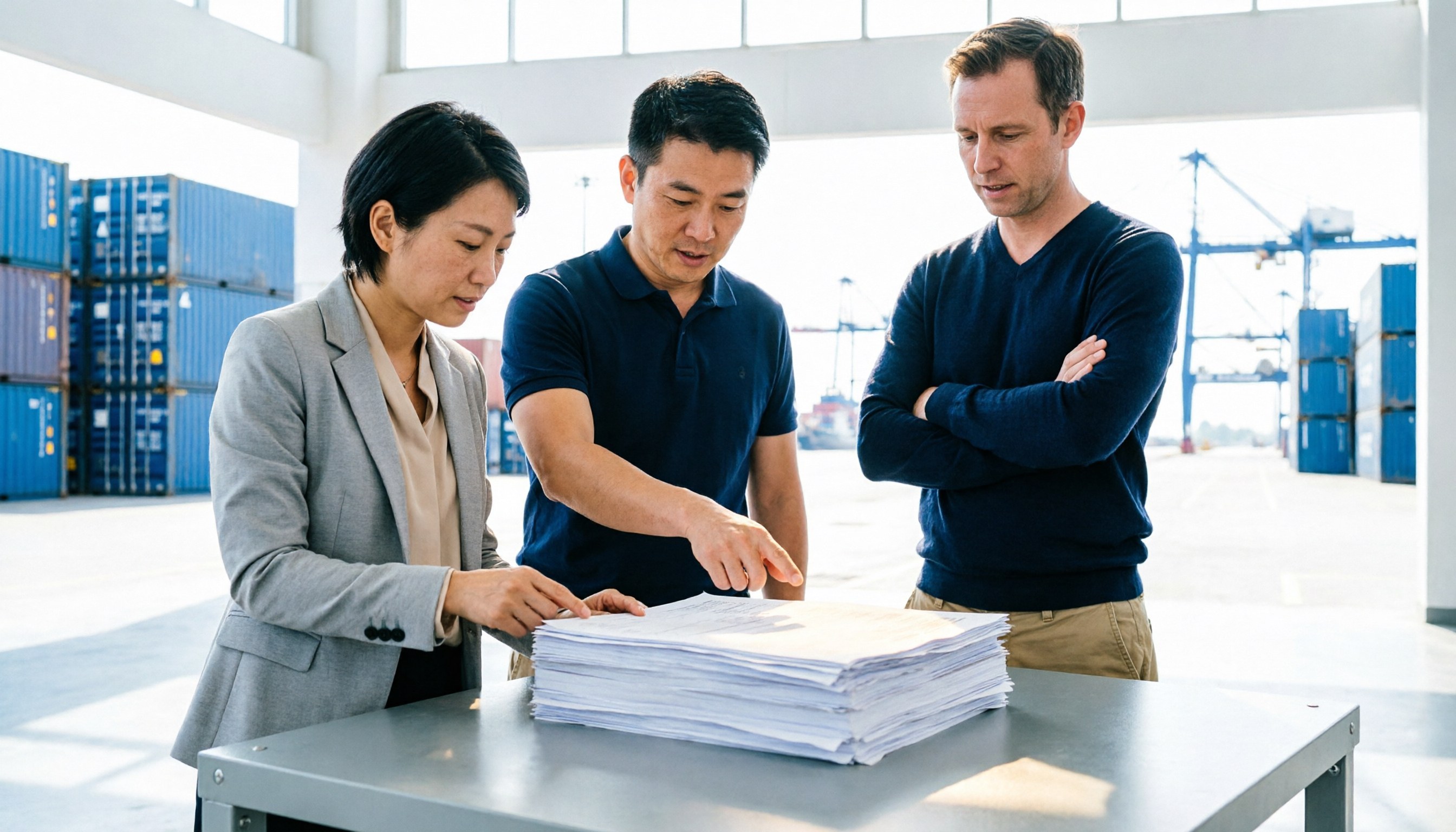 A neat stack of import shipping documents on a desk