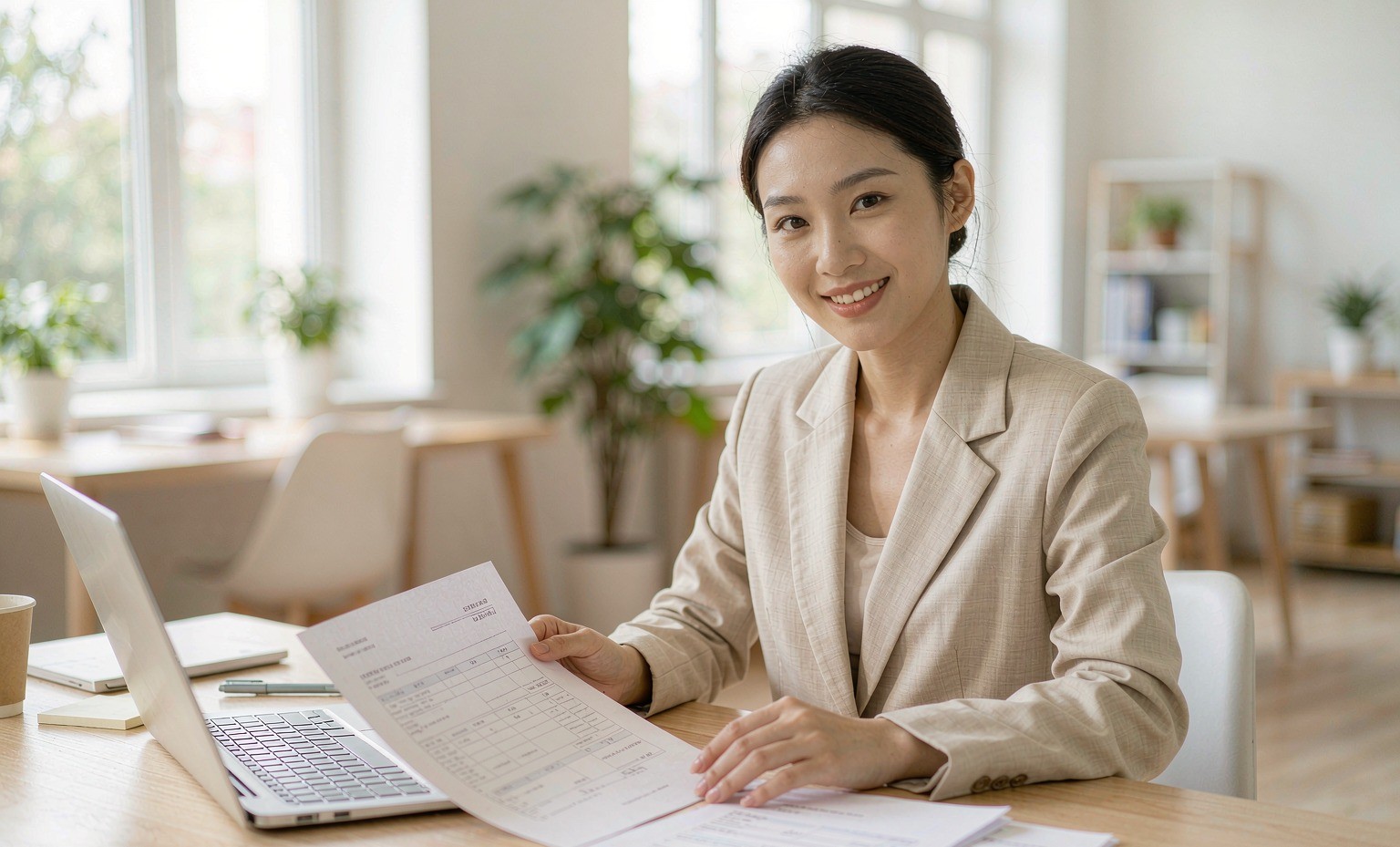 A young sourcing consultant reviewing staged payment terms on a Proforma Invoice at her desk