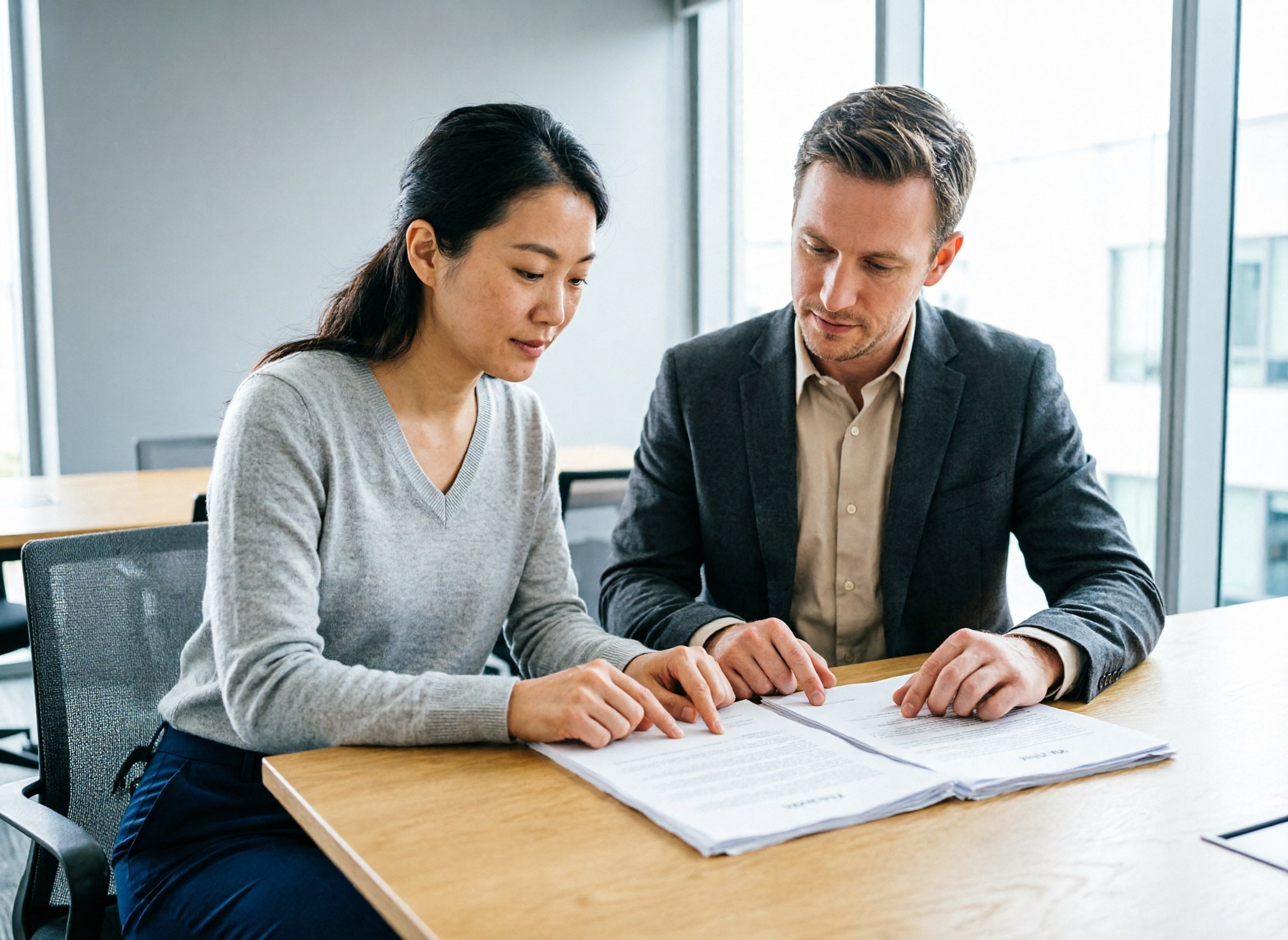 An agent and client reviewing a service contract together