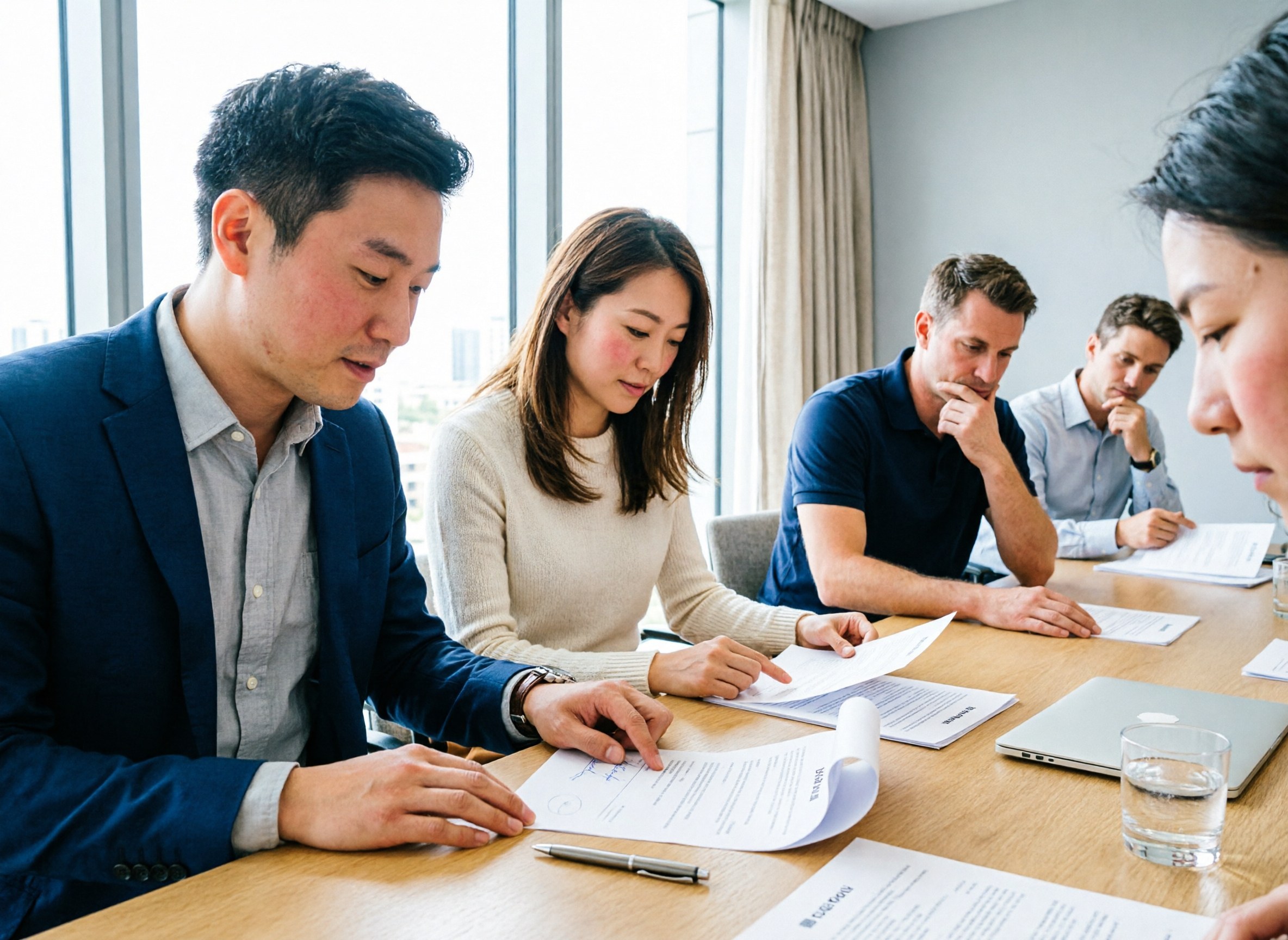 An agent nodding over a signed service agreement