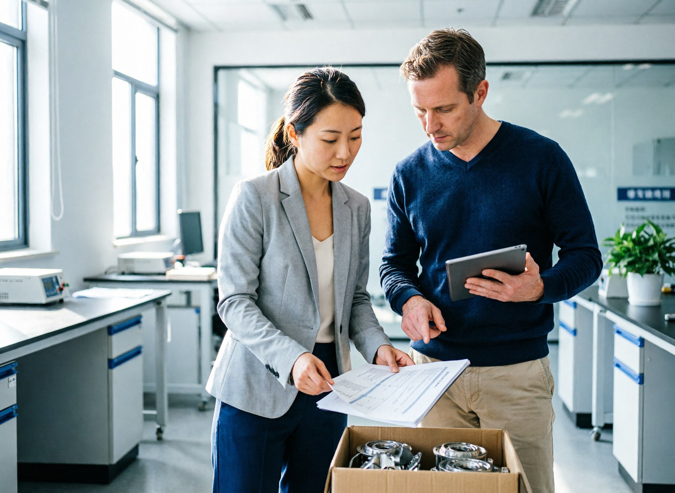 A quality inspector comparing documents against goods in cartons