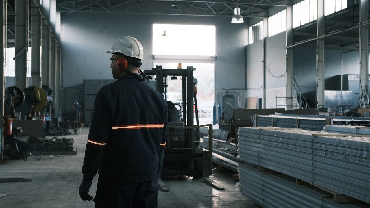 A worker in helmet, hi-vis vest and ear protection walking through a real factory floor with a forklift and stacked materials, the everyday working condition that a social-compliance audit measures