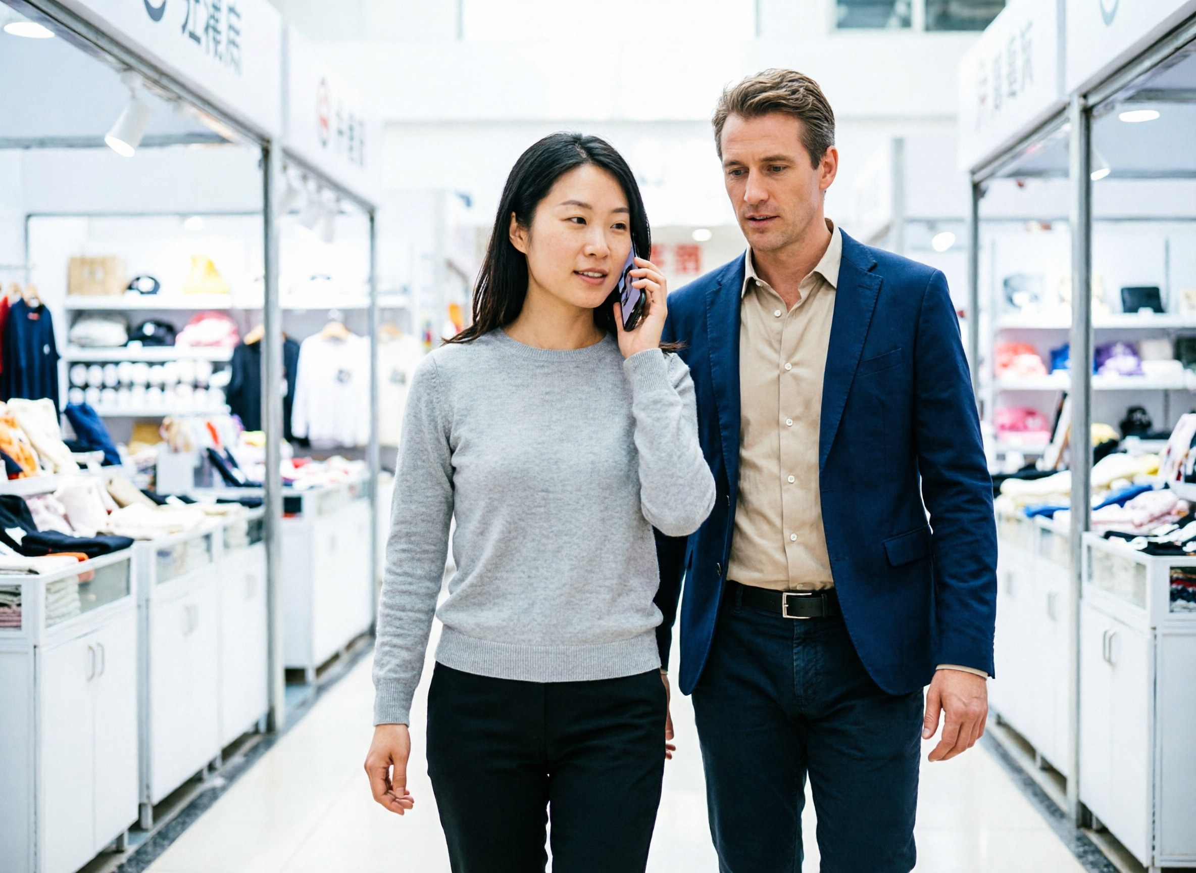 A sourcing agent walking through Yiwu market booths during a video call