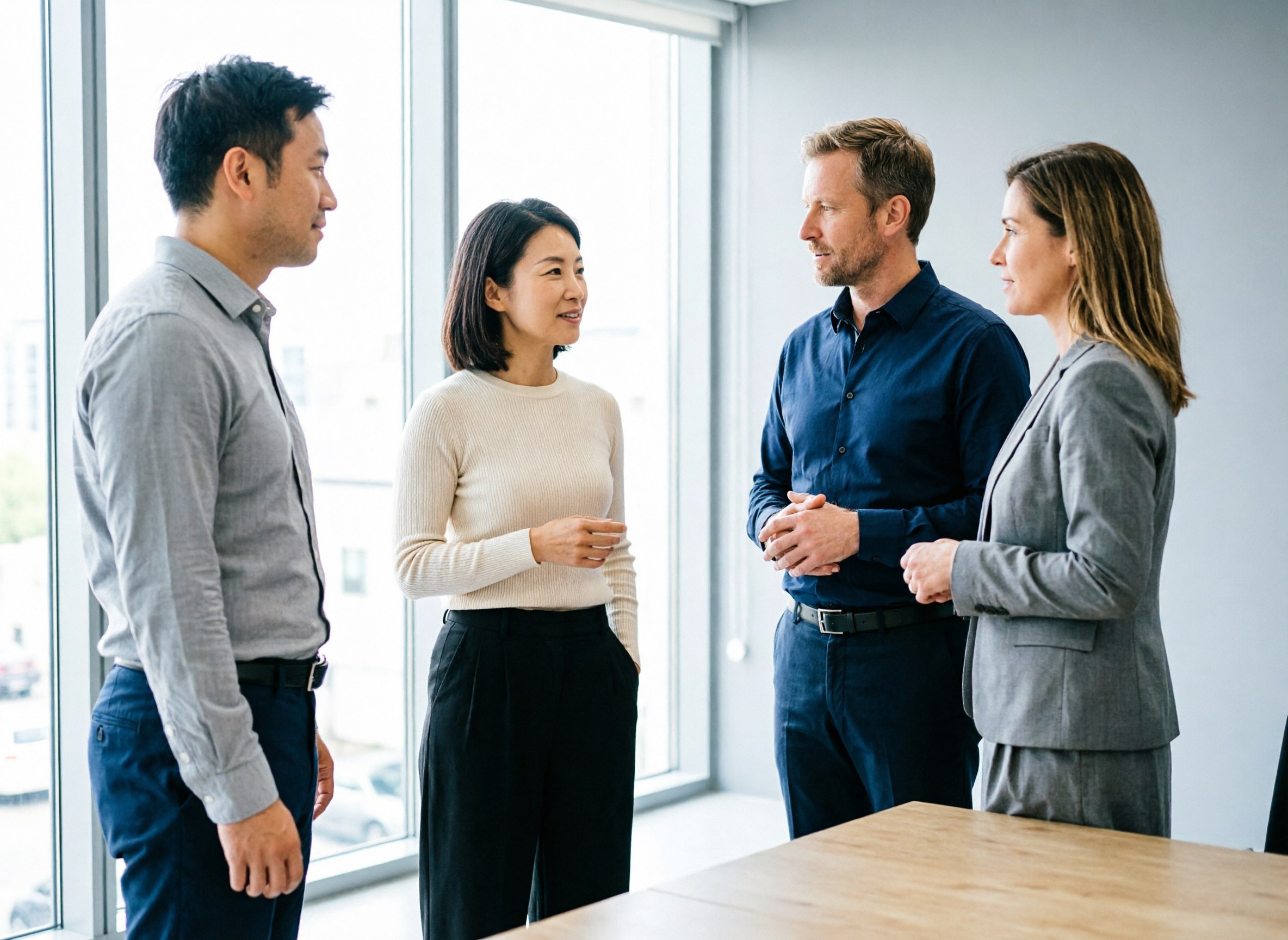 An agent negotiating with factory management in a meeting room