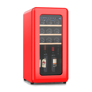 Freistehender roter Retro-Großhandels-Rotweinkühler ZS-A48 für die Weinlagerung mit Buchenholzregal