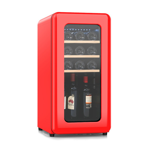 Freistehender roter Retro-Großhandels-Rotweinkühler ZS-A48 für die Weinlagerung mit Buchenholzregal