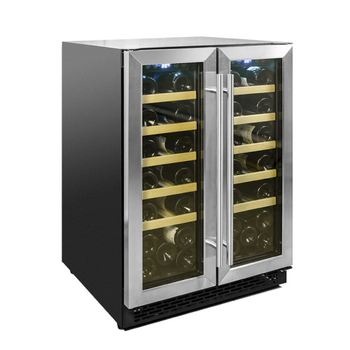Venta al por mayor, ZS-B120 de enfriador de vino con puerta francesa SS de doble zona incorporado para almacenamiento de vino con estante de madera de haya
