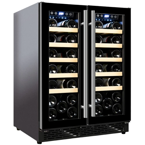 Eingebauter Zweizonen-Großhandelsweinkühlschrank ZS-B120 für Getränke und Bier mit Buchenholzregal und Vollglastür