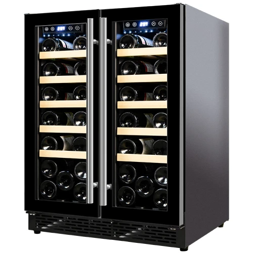 Eingebauter Zweizonen-Großhandelsweinkühlschrank ZS-B120 für Getränke und Bier mit Buchenholzregal und Vollglastür