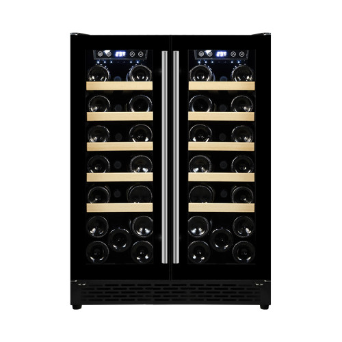 Gabinete enfriador de vino de doble zona incorporado al por mayor ZS-B120 para bebidas y cerveza con estante de madera de haya y puerta de vidrio completa