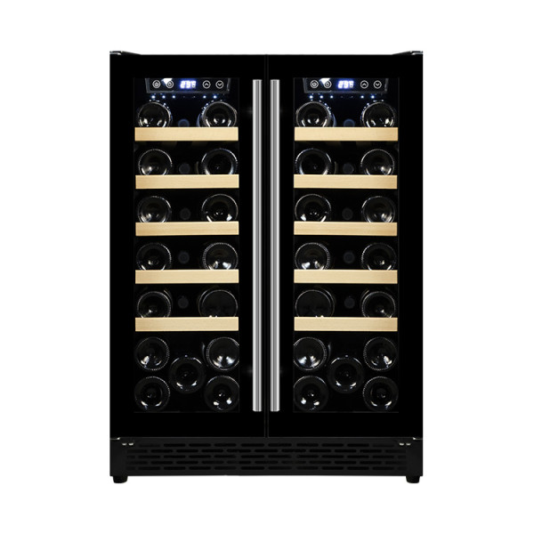 Gabinete enfriador de vino de doble zona incorporado al por mayor ZS-B120 para bebidas y cerveza con estante de madera de haya y puerta de vidrio completo
