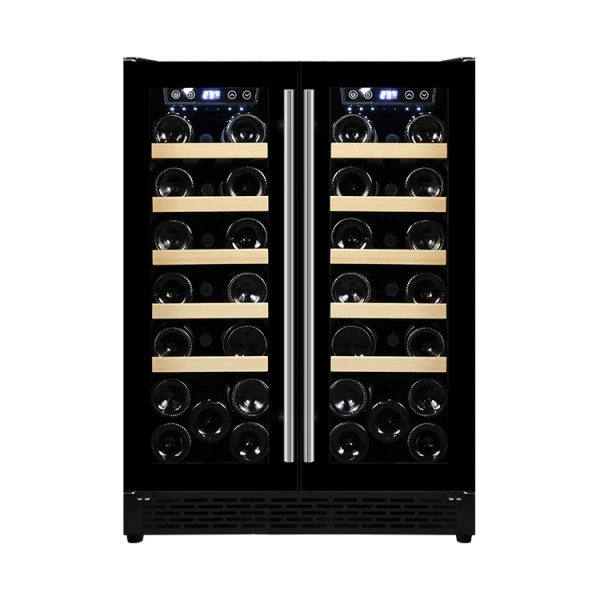 Eingebauter Zweizonen-Großhandelsweinkühlschrank ZS-B120 für Getränke und Bier mit Buchenholzregal und Vollglastür
