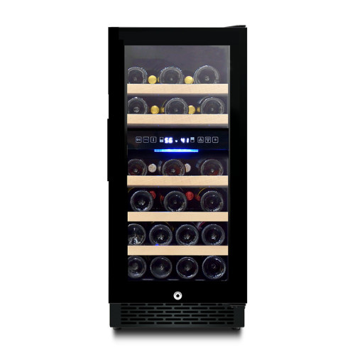 Venta al por mayor de 15 pulgadas debajo del gabinete refrigeradores de vino ZS-B88 para almacenamiento 31 botellas enfriador de vino con estante de madera de haya y puerta de vidrio completo