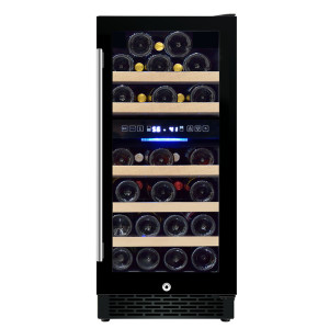 Atacado Dual Zone built-in refrigerador de vinho elétrico ZS-B88 para 15 polegadas de largura sob armário com porta de vidro de prateleira de faia e alça SS