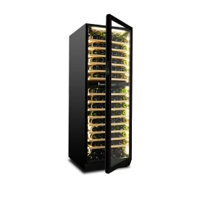 Venta al por mayor, 188 botellas, refrigerador de vino incorporado de doble zona, ZS-B450 para refrigeradores de almacenamiento de vino con puerta de vidrio negra completa