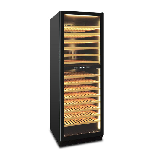 Venta al por mayor, 188 botellas, refrigerador de vino incorporado de doble zona, ZS-B450 para refrigeradores de almacenamiento de vino con puerta de vidrio negra completa