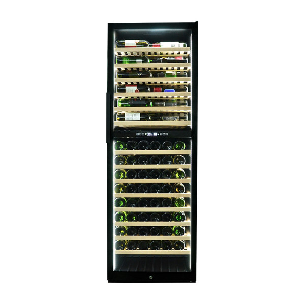Atacado refrigerador de vinho de vidro duplo com LED branco e centro de bebidas ZS-B459 para armazenamento de vinho com rack de madeira de faia