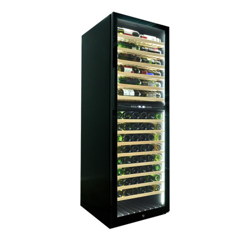 Venta al por mayor LED blanco refrigerador de vino de doble vidrio y centro de bebidas ZS-B459 para almacenamiento de vino con estante de madera de haya