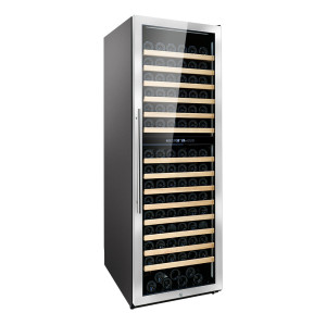 Venta al por mayor LED blanco independiente refrigerador de vino doble ZS-B459 para almacenamiento de vino con estante de madera de haya y puerta SS sin costuras