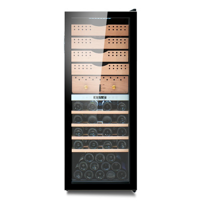 Refrigerador de vinho de charuto de zona dupla OEM de fábrica de umidificadores ZS-B200X para armazenamento de charutos e vinhos com 2 racks de madeira diferentes e porta de vidro completa