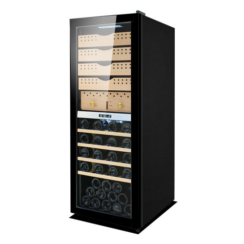 Humidors Factory OEM Dual Zone Cigar Wine Cooler ZS-B200X para almacenamiento de cigarros y vinos con 2 estantes de madera diferentes y puerta de vidrio completa