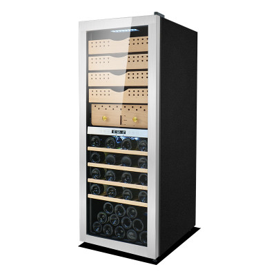 Enfriador de vino para cigarros de zona dual independiente al por mayor ZS-B200X para almacenamiento de cigarros y vinos con 2 estantes de madera diferentes y puerta de acero inoxidable sin costuras