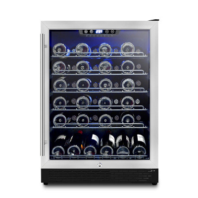 Refrigerador de vinho embutido de zona única de 24 polegadas de largura com 53 garrafas com cremalheira de arame reversível porta SS luz LED